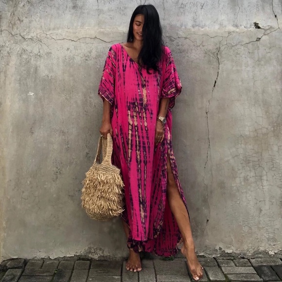 Dianthus Kimono Kaftan Dress Maxi, 5⭐️ Rated Soft Flowing Pink Boho Airy Kaftan - Picture 8 of 11